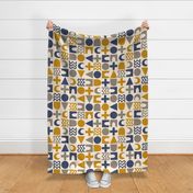 523 - Large scale zingy mustard, navy blue and grey abstract mod geometric chequerboard, featuring circles, triangles, crosses and squiggly shapes for curtains, wallpaper, cushions and avant-garde fashions