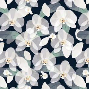 Orchids and leaves navy