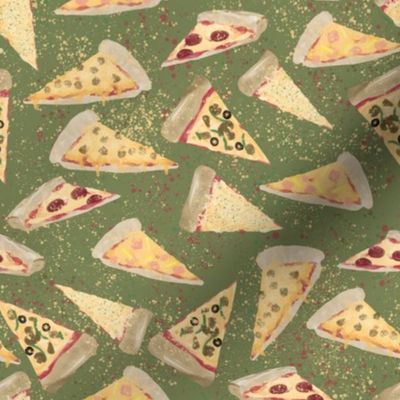 Watercolor Pizza on Olive Green