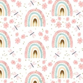 Rainbows & dragonflies with dainty flowers in pink teal gold