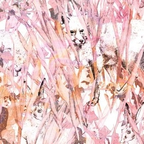 Pencil drawn fox and hare amongst pink grassland with a vintage linen texture