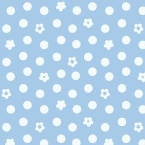 Light blue polkadots and flowers on blue background