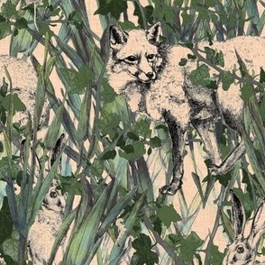Sepia pencil drawn fox and hare amongst green grassland fields with a vintage linen texture