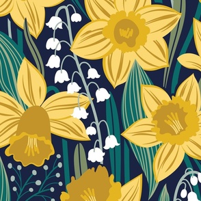 Large jumbo scale // Toxic beauty // oxford navy blue background yellow daffodils and white lily of the valley flowers sage pine and jade green leaves