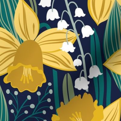 Toxic beauty // normal scale // oxford navy blue background yellow daffodils and white lily of the valley flowers sage pine and jade green leaves