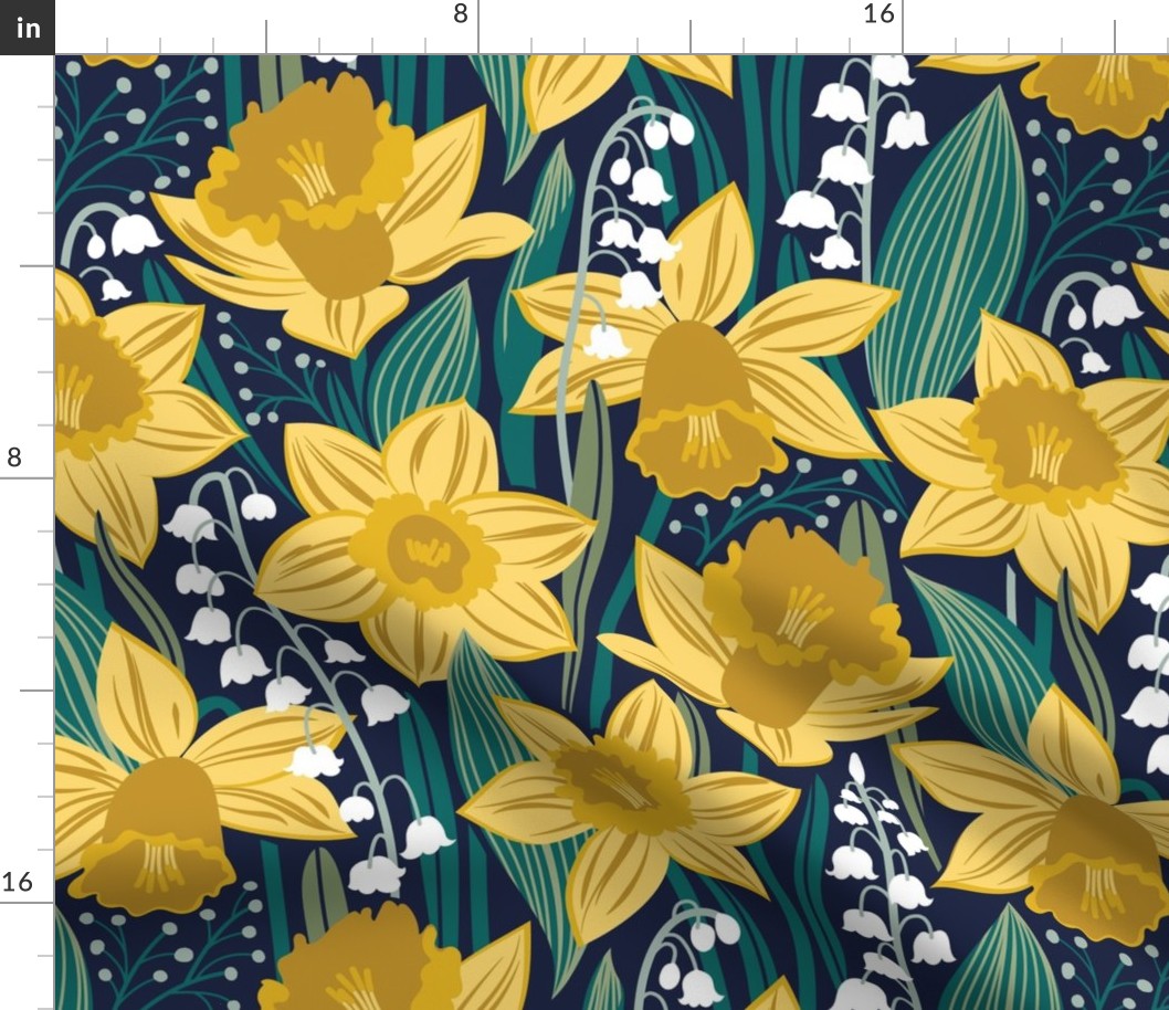 Toxic beauty // normal scale // oxford navy blue background yellow daffodils and white lily of the valley flowers sage pine and jade green leaves