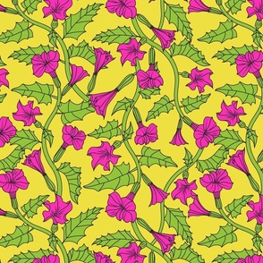 Poisonous Angels Trumpet Floral Pattern in Bright Vivid Neon Hot Pink, Green, Yellow