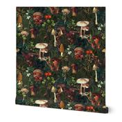 Beware Poison - Mushroom Dance - Nostalgic Dark Moody Florals Forest Psychedelic mushroom Mushroom Kitchen Wallpaper, Vintage Edible Mushrooms Forest Fabric,  Antique VictorianGreenery, Fall Home Decor,  Gothic Woodland Harvest,black