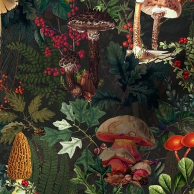 Beware Poison - Mushroom Dance - Nostalgic Dark Moody Florals Forest Psychedelic mushroom Mushroom Kitchen Wallpaper, Vintage Edible Mushrooms Forest Fabric,  Antique VictorianGreenery, Fall Home Decor,  Gothic Woodland Harvest,black