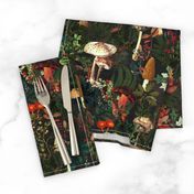 Beware Poison - Mushroom Dance - Nostalgic Dark Moody Florals Forest Psychedelic mushroom Mushroom Kitchen Wallpaper, Vintage Edible Mushrooms Forest Fabric,  Antique VictorianGreenery, Fall Home Decor,  Gothic Woodland Harvest,black