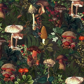 Beware Poison - Mushroom Dance - Nostalgic Dark Moody Florals Forest Mushroom Kitchen Wallpaper, Vintage Edible Mushrooms Forest Fabric,  Antique Greenery, Fall Home Decor,  Woodland Harvest,black