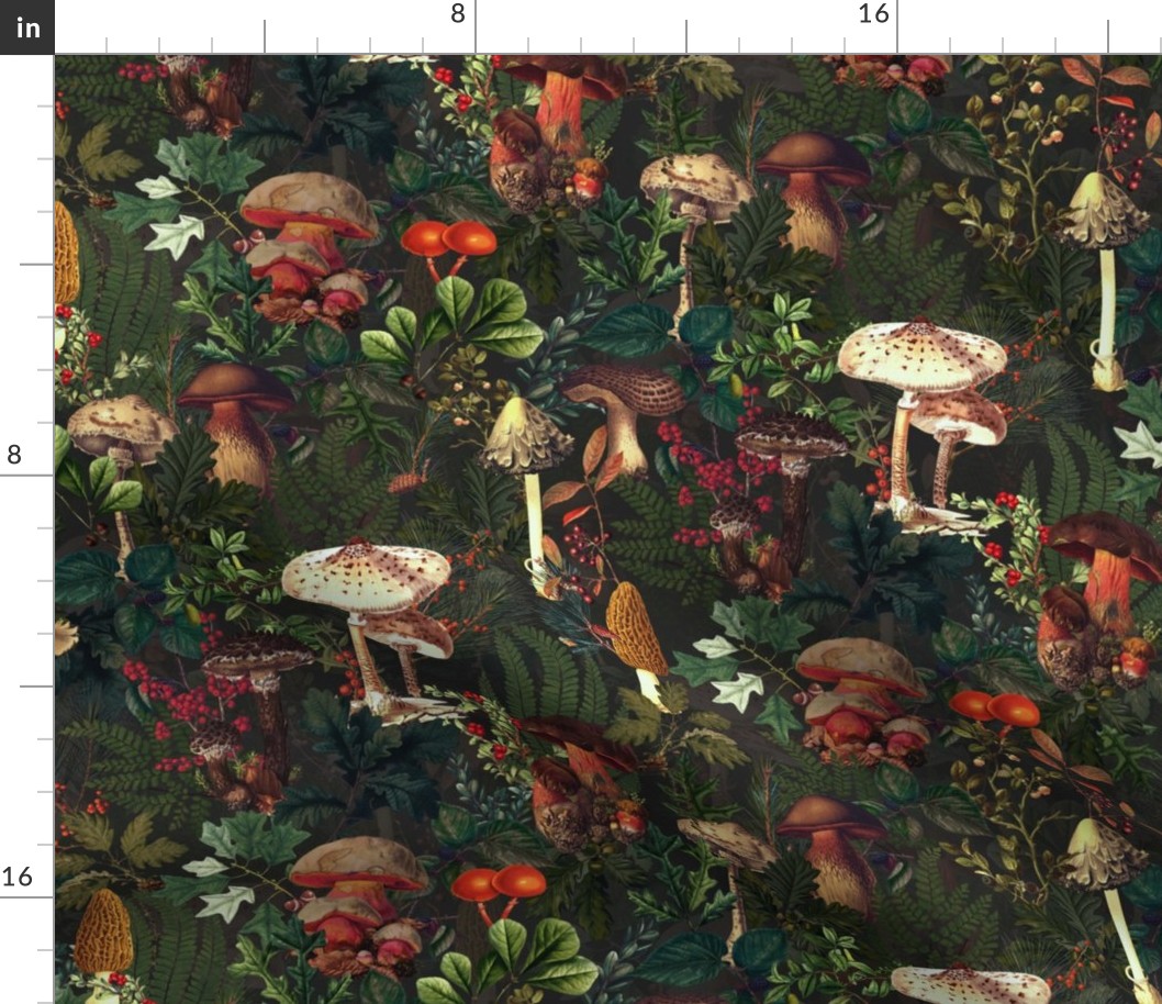 Beware Poison - Mushroom Dance - Nostalgic Dark Moody Florals Forest Psychedelic mushroom Mushroom Kitchen Wallpaper, Vintage Edible Mushrooms Forest Fabric,  Antique VictorianGreenery, Fall Home Decor,  Gothic Woodland Harvest,black