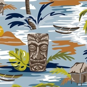 Lost Paradise - Mid Century Modern Tiki Blue Large Scale 