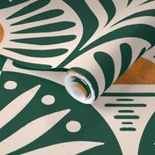 Art Deco Sunset and Leaves in Forest Green