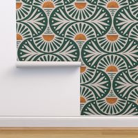 Art Deco Sunset and Leaves in Forest Green