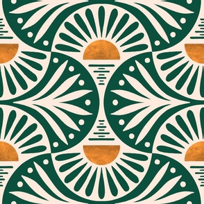 Art Deco Sunset and Leaves in Forest Green