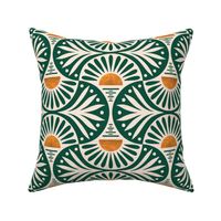 Art Deco Sunset And Leaves in Forest Green Medium Scale
