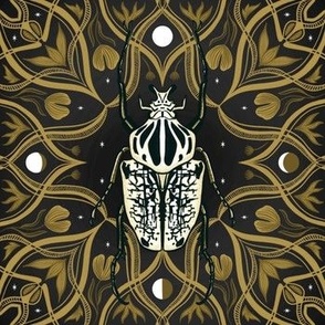 Intricate Beetle Ivory, Gold Forest Vines on Black