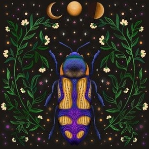 Intricate Beetle Orange, Purple on Black Forest Vines, Moons