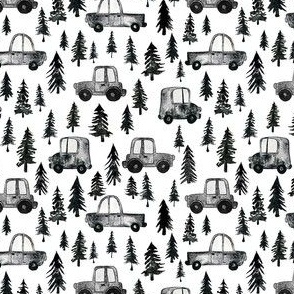 Trucks and Trees - Ditsy Scale - White Background Watercolor Black and White Woodland Forest