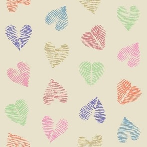 Colorful hearts drawn with crayons repeat pattern