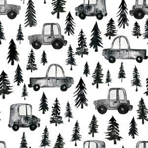 Trucks and Trees - Small Scale - White Background Watercolor Black and White Woodland Forest