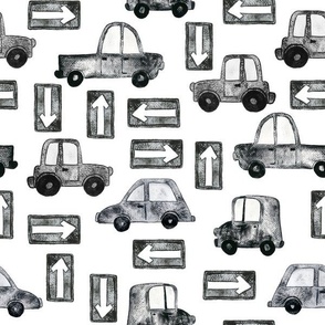 Cars and Trucks with Road Signs - Medium Scale - White Background Black and White Watercolor