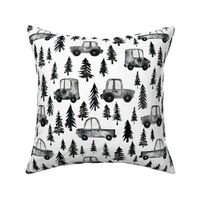 Trucks and Trees - Medium Scale - White Background Watercolor Black and White Woodland Forest