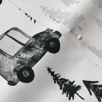 Trucks and Trees - Medium Scale - White Background Watercolor Black and White Woodland Forest