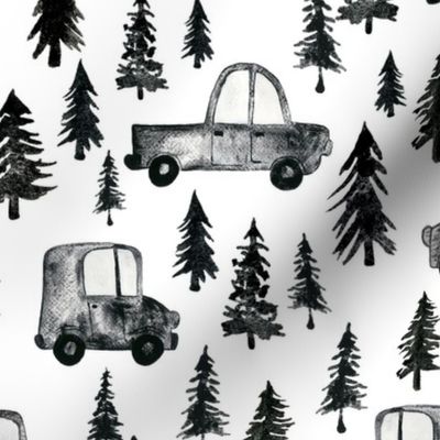 Trucks and Trees - Medium Scale - White Background Watercolor Black and White Woodland Forest