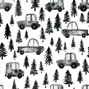 Trucks and Trees - Medium Scale - White Background Watercolor Black and White Woodland Forest