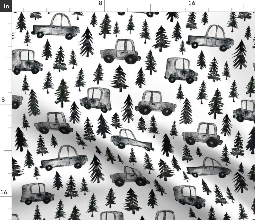 Trucks and Trees - Medium Scale - White Background Watercolor Black and White Woodland Forest
