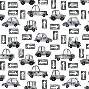 Cars and Trucks with Road Signs - Large Scale - White Background Black and White Watercolor