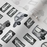 Cars and Trucks with Road Signs - Small Scale - White Background Black and White Watercolor