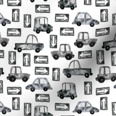 Cars and Trucks with Road Signs - Small Scale - White Background Black and White Watercolor