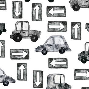 Cars and Trucks with Road Signs - Large Scale - White Background Black and White Watercolor