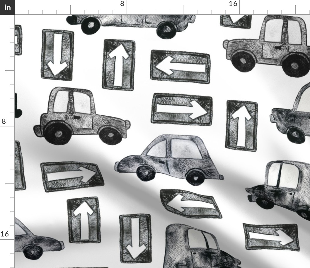 Cars and Trucks with Road Signs - Large Scale - White Background Black and White Watercolor