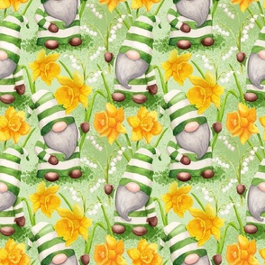Spring gnomes with daffodil and lily of the valley
