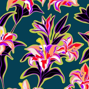 Large - Maximalist Lilies, poisonous plants 3. Dark Teal, Purple, Green