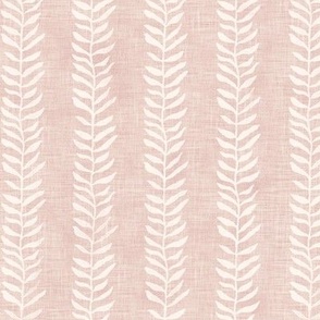 Botanical Block Print in Ivory on Pink Sand | Block printed leaf pattern fabric in cream on a rose quartz linen texture, rustic fabric, plant fabric in pale dogwood pink.