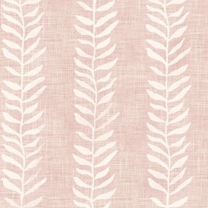 Botanical Block Print in Ivory on Pink Sand (large scale) | Block printed leaf pattern fabric in cream on a rose quartz linen texture, rustic fabric, plant fabric in pale dogwood pink.