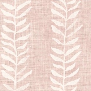 Botanical Block Print in Ivory on Pink Sand (xl scale) | Block printed leaf pattern fabric in cream on a rose quartz linen texture, rustic fabric, plant fabric in pale dogwood pink.