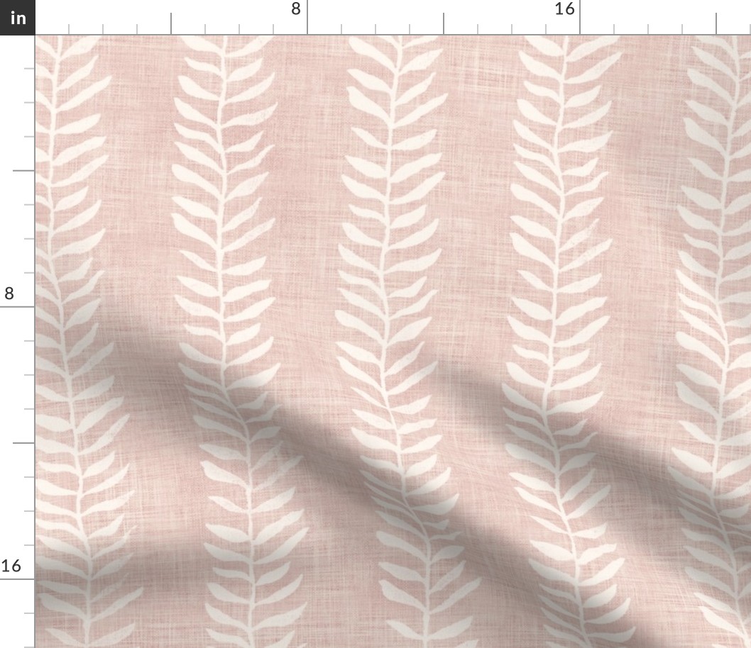 Botanical Block Print in Ivory on Pink Sand (xl scale) | Block printed leaf pattern fabric in cream on a rose quartz linen texture, rustic fabric, plant fabric in pale dogwood pink.