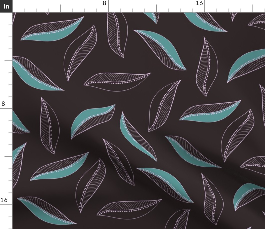 (M) Simple Leaves Teal on Dark Brown