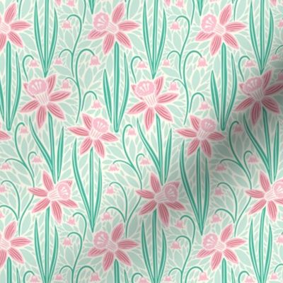 Narcissus Floral | Medium Scale | Pink and Aqua Daffodils