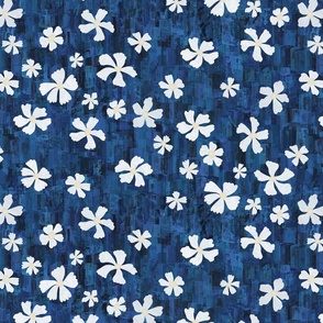 White Oleander Floral on Textured Navy Blue Background - Large Scale