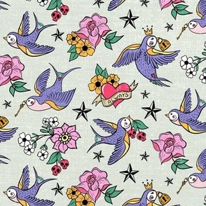 Small, Purple Rockabilly Style Swallow Birds, Light