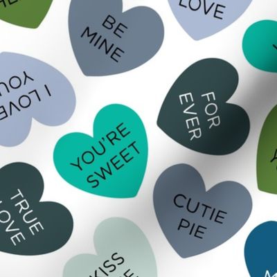 candy hearts: emerald, pickle, sky, aqua, teal, gray blue