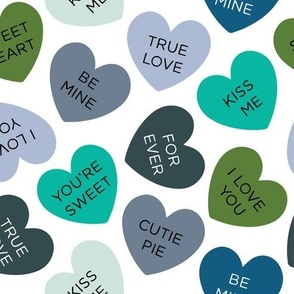 candy hearts: emerald, pickle, sky, aqua, teal, gray blue