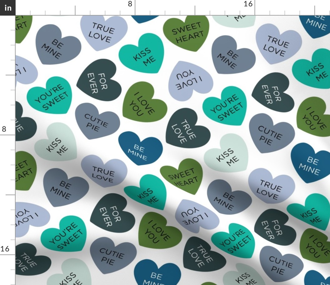 candy hearts: emerald, pickle, sky, aqua, teal, gray blue